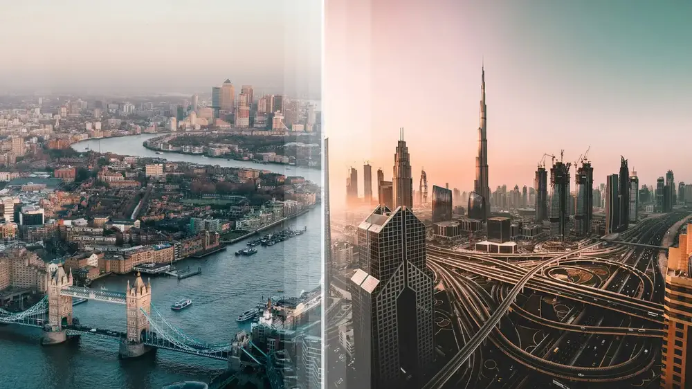 A split view of the London skyline and the Dubai skyline side by side
