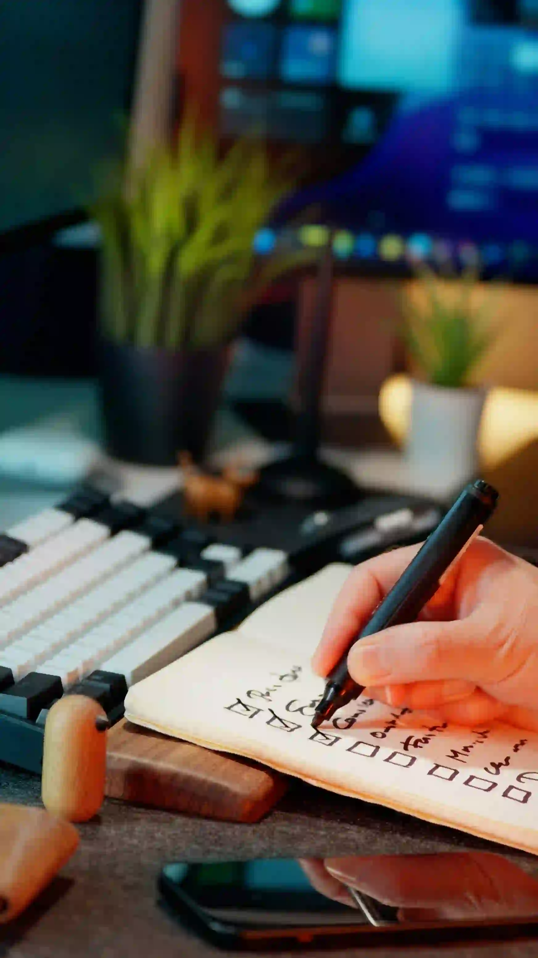 A person writing notes in a notebook beside a laptop on a desk