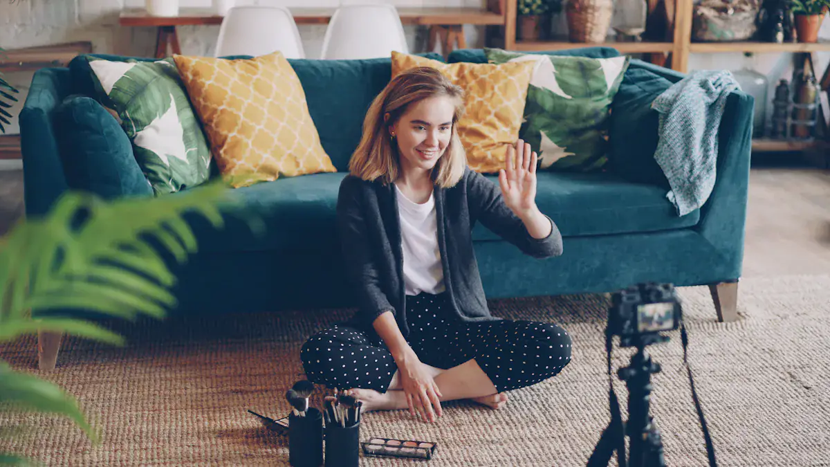 A content creator filming a makeup product review on a phone mounted on a tripod